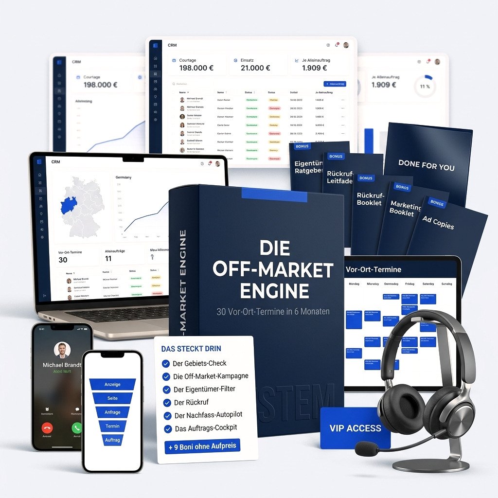 Das Paket der Off-Market Engine: Auftrags-Cockpit, Terminkalender, Rückruf-Headset und die Boni